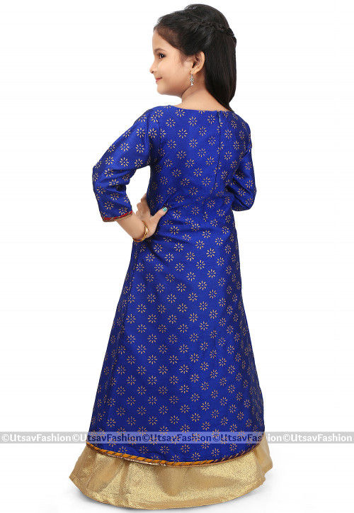 Block Printed Dupion Silk Jacket Style Lehenga in Royal Blue
