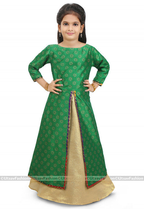Block Printed Dupion Silk Jacket Style Lehenga in Green