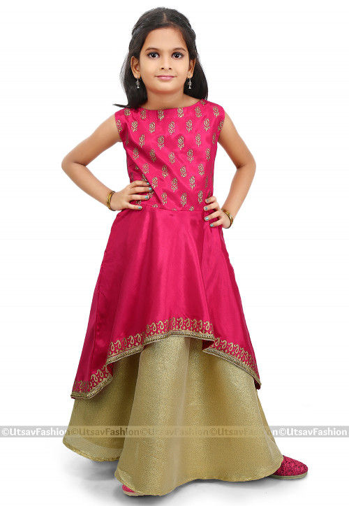 Block Printed Shantoon Jacket Style Lehenga in Fuchsia