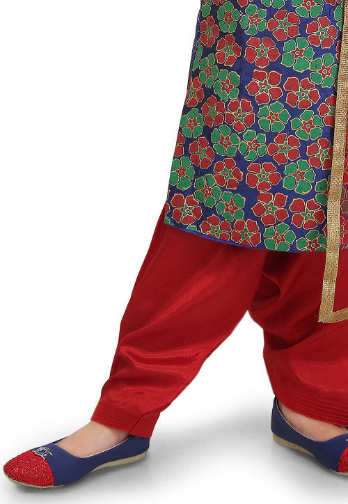 Block Printed Art Silk Punjabi Suit in Dark Blue