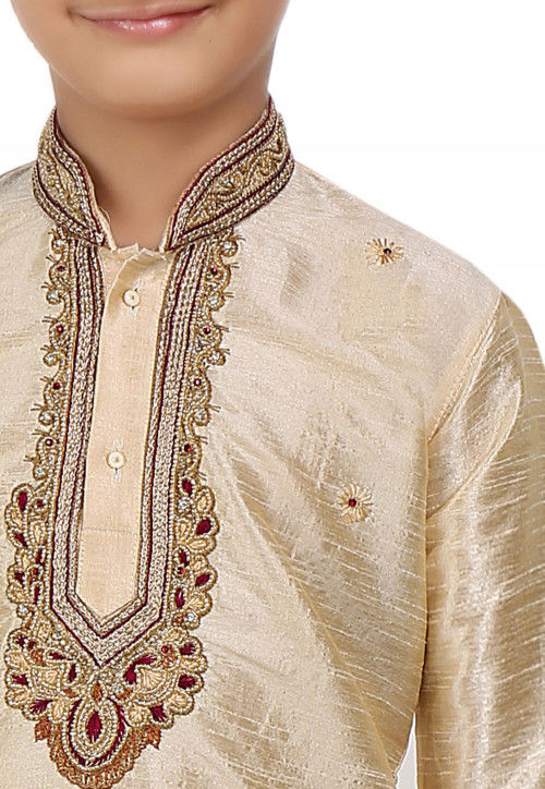Embroidered Art Dupion Silk Kurta Set in Beige
