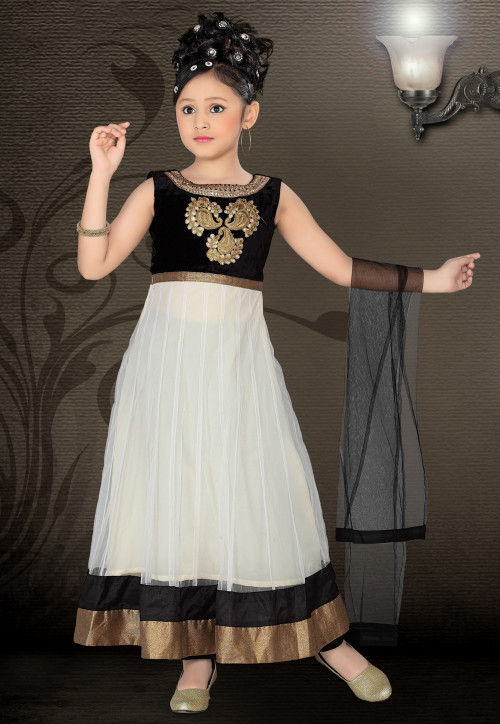 Embroidered Net Salwar Set in Off White