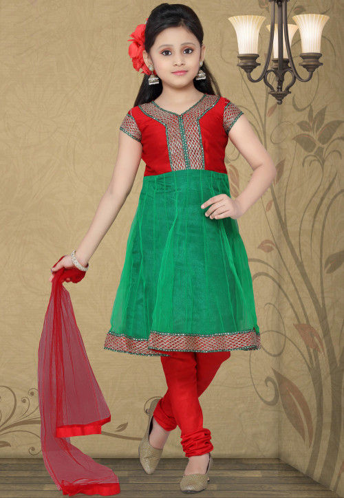 Embroidered Net Salwar Set in Green and Red