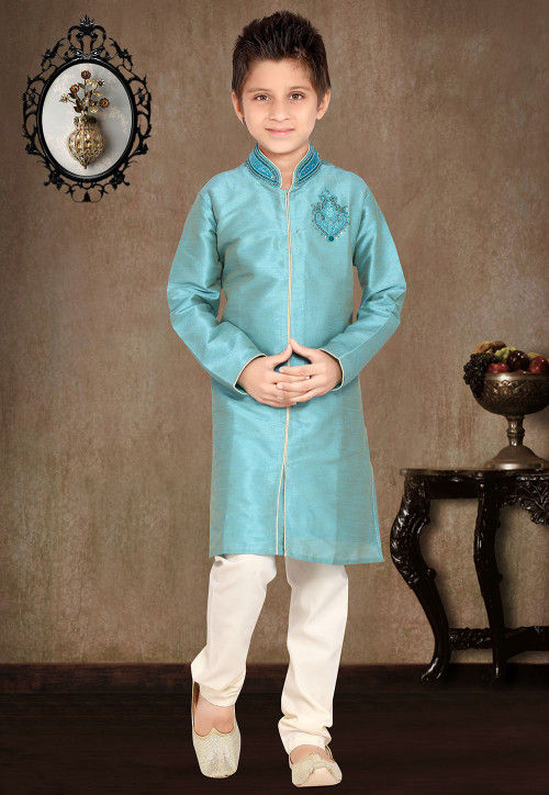 Embroidered Art Silk Kurta Pyjama Sets in Sky Blue