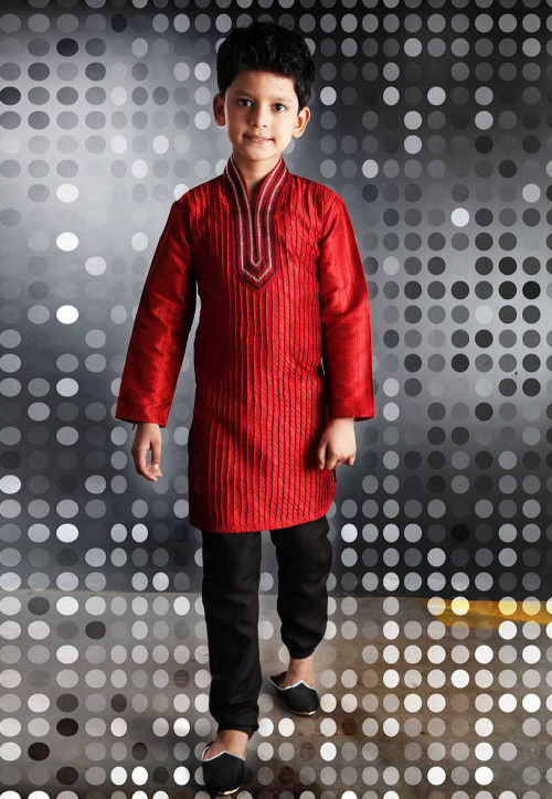 Embroidered Art Silk Kurta Pyjama Sets in Red