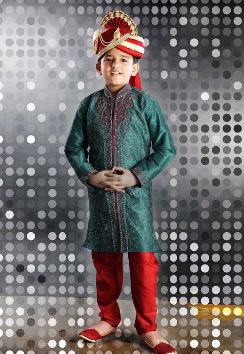 Embroidered Art Silk Sherwani sets in Teal Blue