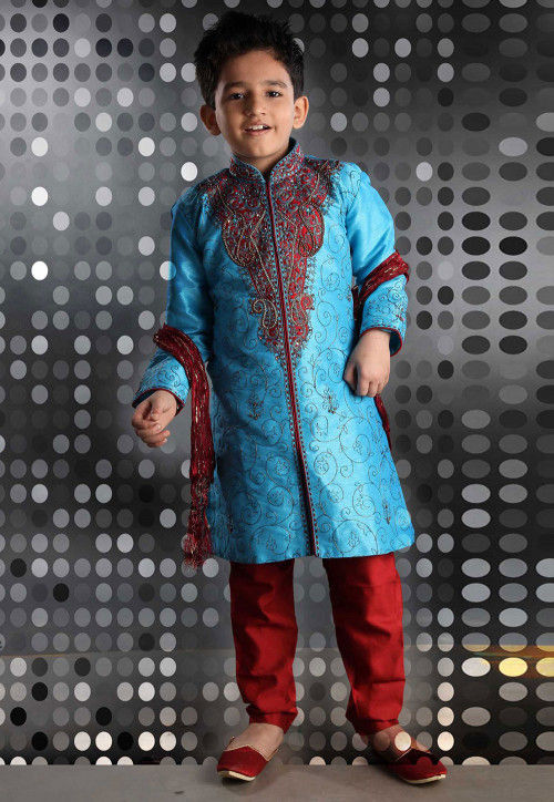 Embroidered Art Silk Sherwani set in Sky Blue