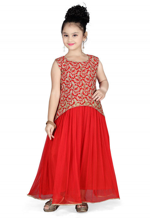 Embroidered Georgette and Net Gown in Red