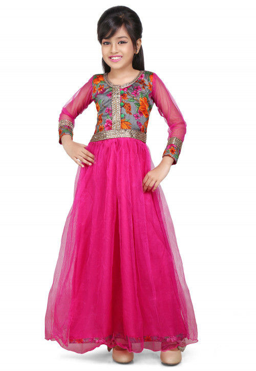 Printed Net and Ghicha Silk Gown in Fuchsia and Grey