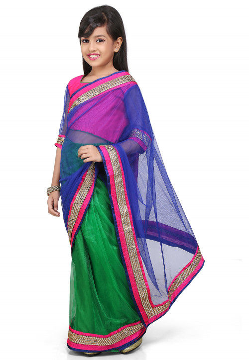 Embroidered Pre Stitched Net Saree in Blue and Green