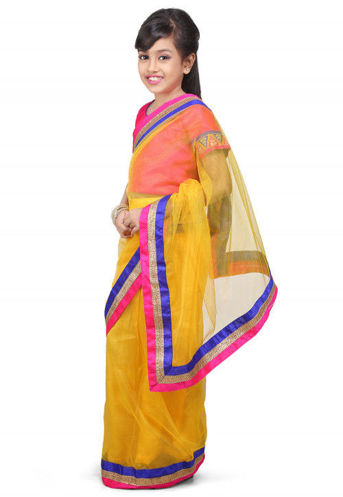 Embroidered Pre Stitched Net Saree in Yellow