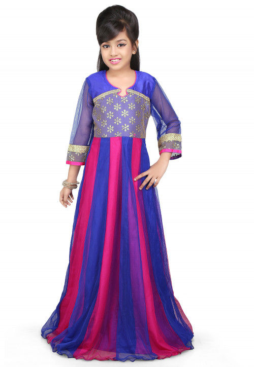 Embroidered Net Gown in Fuchsia and Blue
