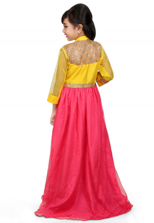 Embroidered Net Gown in Fuchsia and Yellow