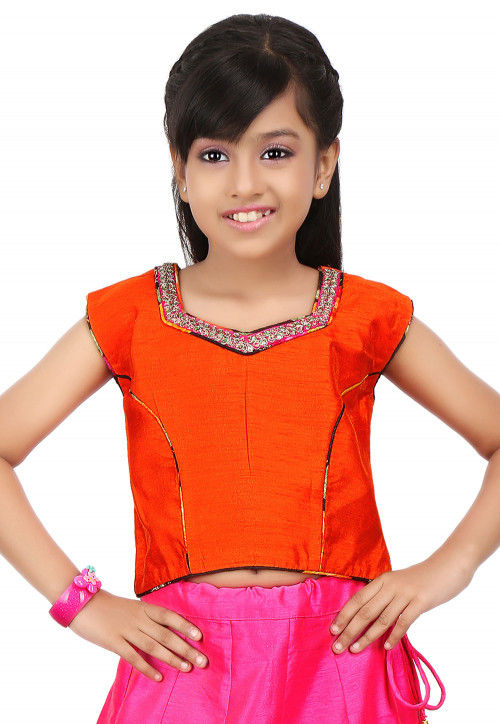 Embroidered NeckLine Dupion Crop Top in Orange