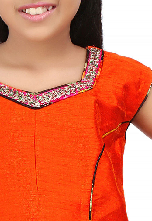 Embroidered NeckLine Dupion Crop Top in Orange