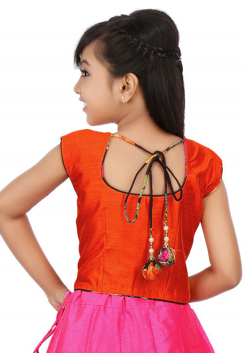 Embroidered NeckLine Dupion Crop Top in Orange