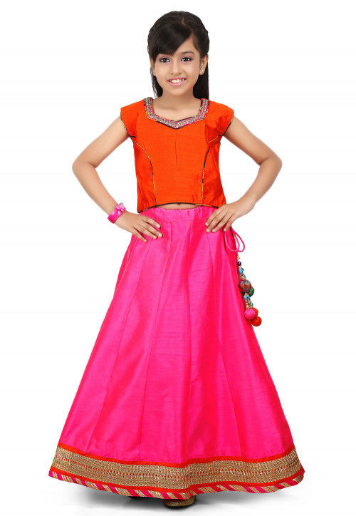 Embroidered NeckLine Dupion Crop Top in Orange