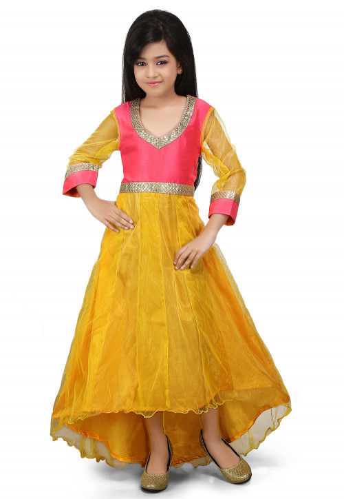 Plain Net Asymmetric Gown in Yellow and Pink