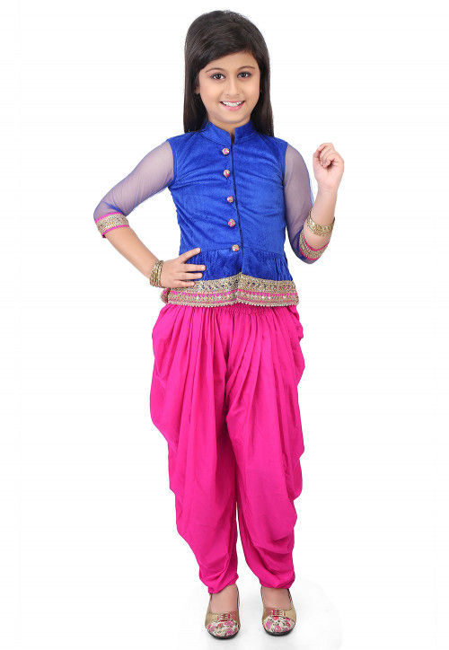 Plain Velvet Top with Dhoti Pant in Royal Blue