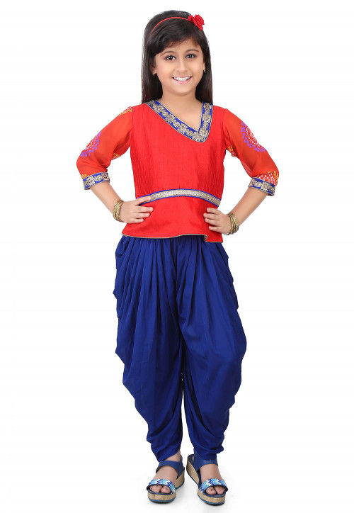 Plain Dupion Silk Top with Dhoti Pant in Red