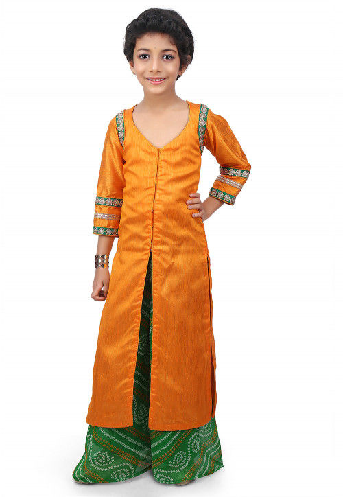 Plain Art Bhagalpuri Silk Jacket Style Long Kurta Set in Mustard