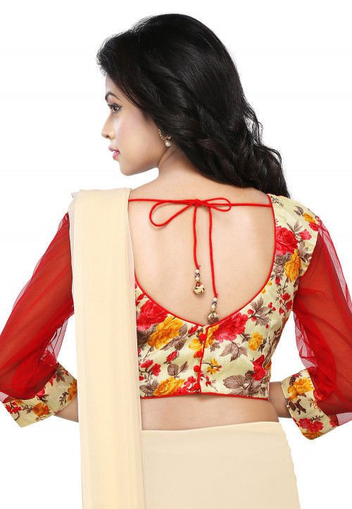 Floral Printed Bhagalpuri Silk Blouse in Cream and Red