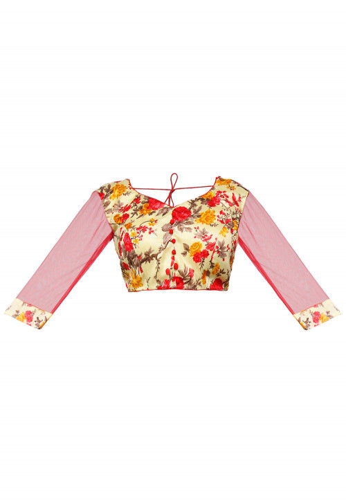 Floral Printed Bhagalpuri Silk Blouse in Cream and Red