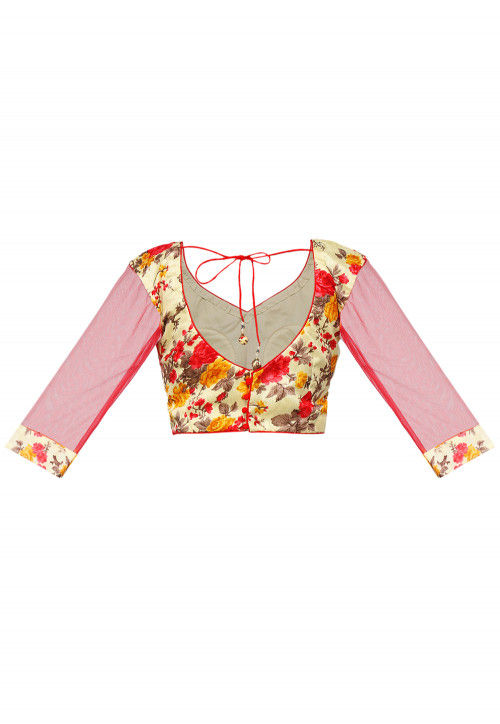 Floral Printed Bhagalpuri Silk Blouse in Cream and Red