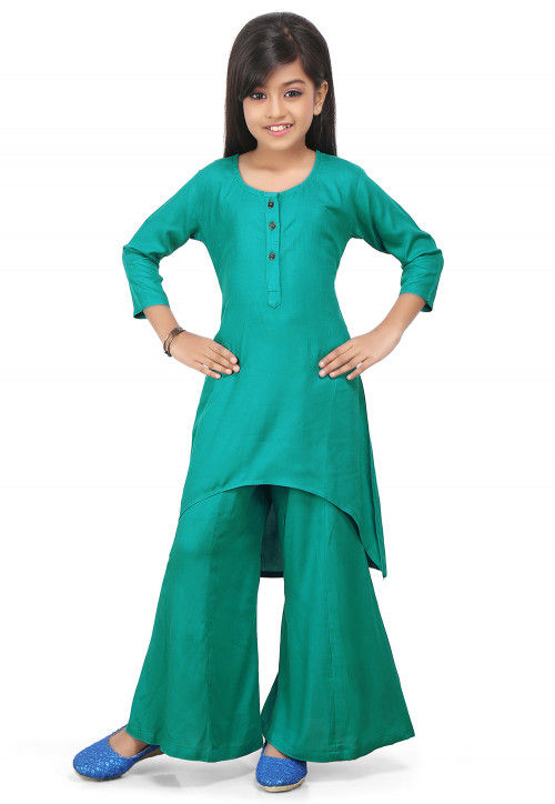 Plain Rayon Asymmetric Suit in Teal Green