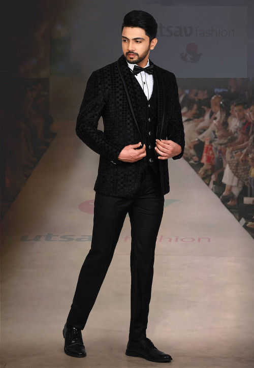 Velvet Embossed  Satin Three piece Tuxedo Set in Black