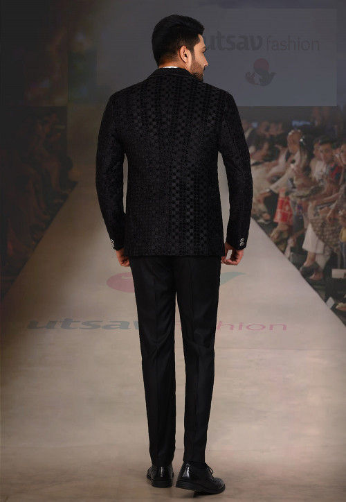 Velvet Embossed  Satin Three piece Tuxedo Set in Black