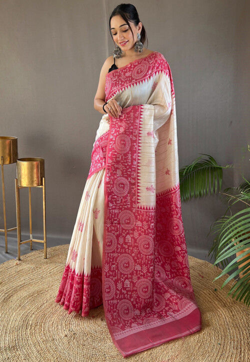 Buy Cream and Pink - Kanchipuram Silk Saree online | kanchipuram silk from  ShrusEternity