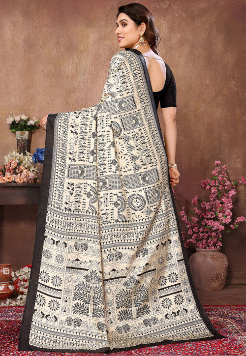 Cream PV Silk Saree with  Printed main image 0