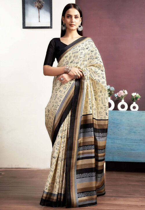 Warli Printed Bhagalpuri Silk Saree in Light Beige