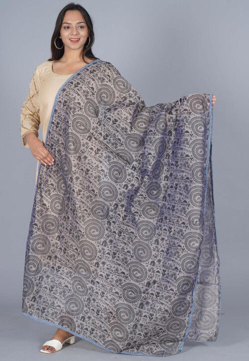 Warli Printed Chanderi Cotton Dupatta in Grey