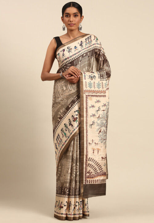 Warli Printed Cotton Saree in Brown