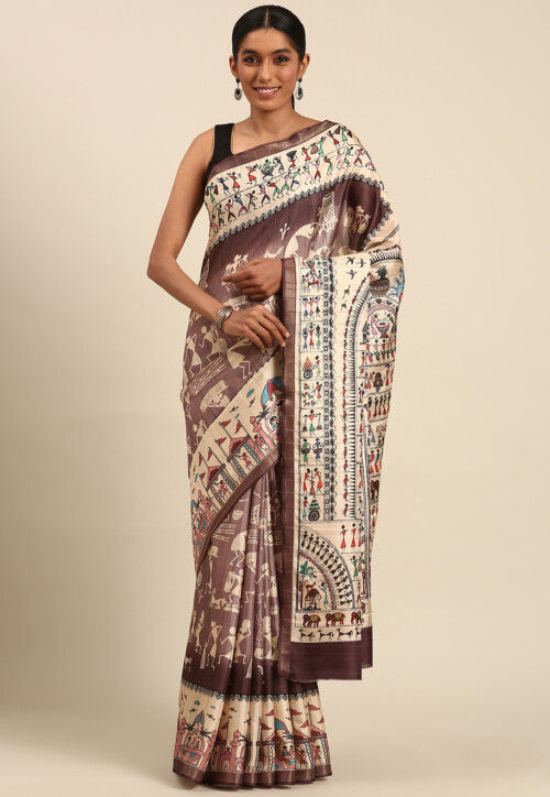Warli Printed Cotton Saree in Dusty Purple