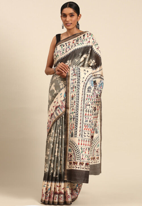 Warli Printed Cotton Saree in Grey
