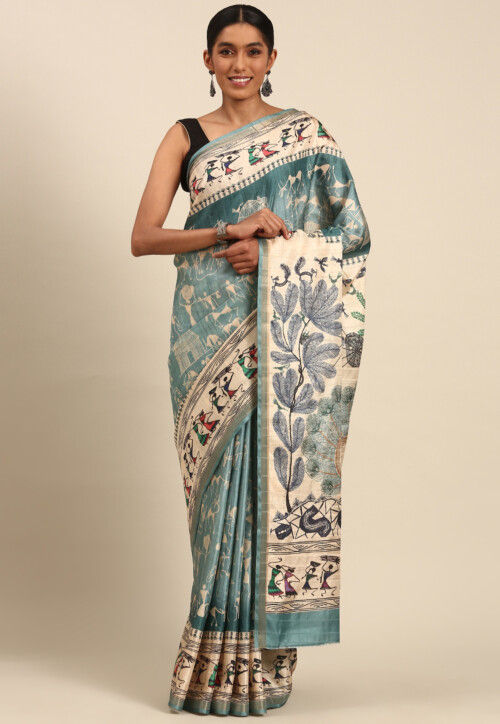 Warli Printed Cotton Saree in Teal Blue
