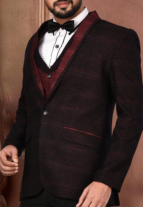 Woven Acrylic Cotton Tuxedo in Maroon and Black