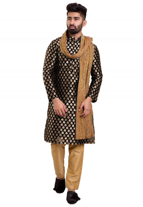 Woven Chanderi Silk Jacquard Kurta Set in Black