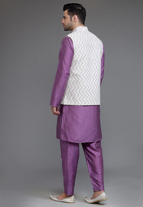 Light Purple - Polka Zari Buti Spun Dupion Silk A-Line Long Kurta