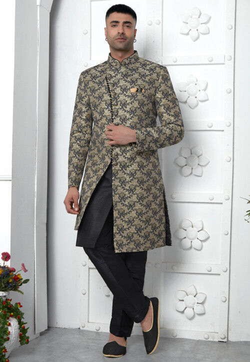 Woven Art Jacquard Silk Layered Sherwani in Black and Beige