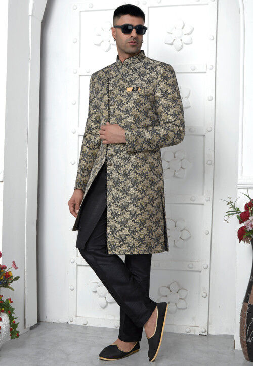 Woven Art Jacquard Silk Layered Sherwani in Black and Beige