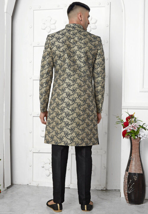 Woven Art Jacquard Silk Layered Sherwani in Black and Beige