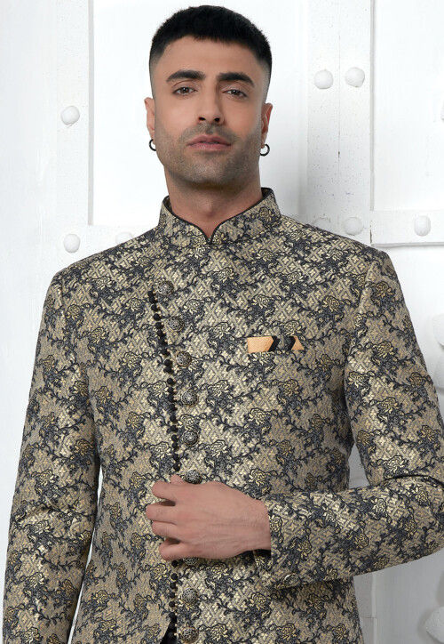 Woven Art Jacquard Silk Layered Sherwani in Black and Beige