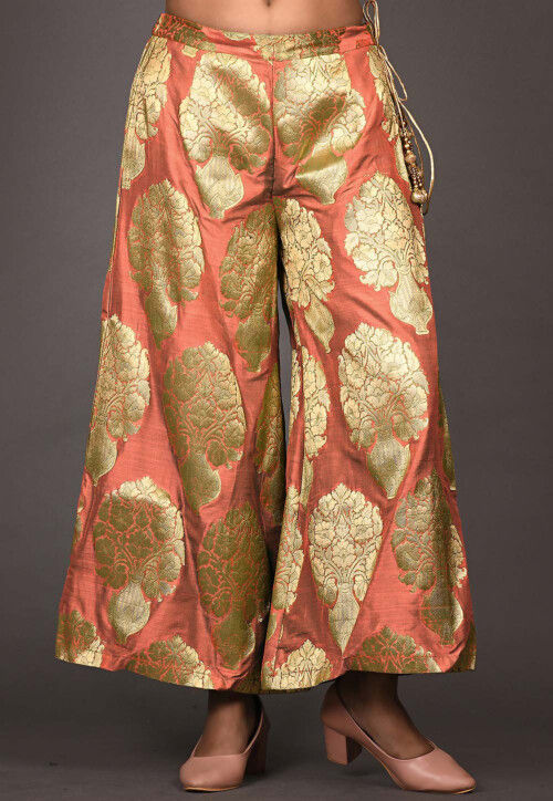 Woven Art Jacquard Silk Pallazo in Peach