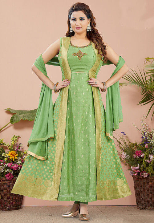 Woven Art Silk Abaya style suit in Light Green