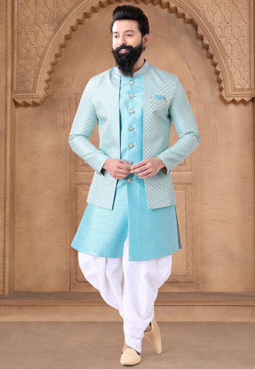 Woven Art Silk and Art Silk Jacket Style Sherwani in Sky Blue