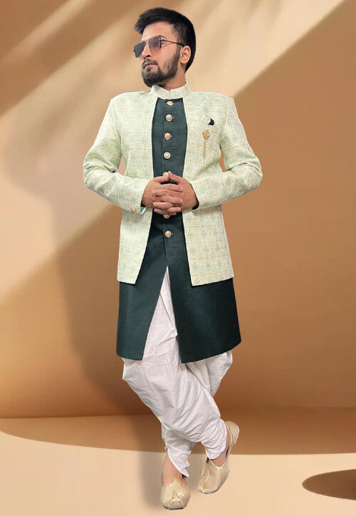 Buy Woven Art Silk and Art Silk Jacquard Jacket Style Sherwani in Dark Green Online MUY1013 Utsav Fashion